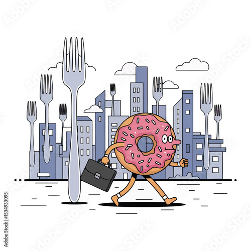 A cartoon donut with a briefcase walks through a city, surrounded by oversized forks.