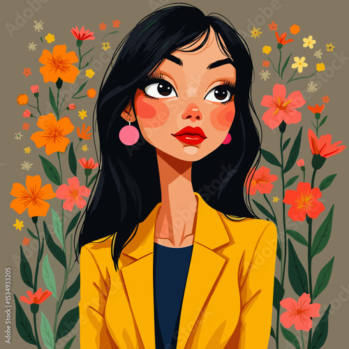 Beautiful Woman Botanist Portrait with Floral Background - Calm and Relaxing Illustration



