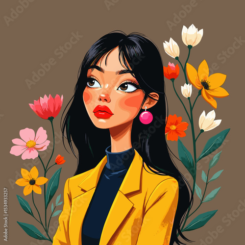 Beautiful Woman Botanist Portrait with Floral Background - Calm and Relaxing Illustration



