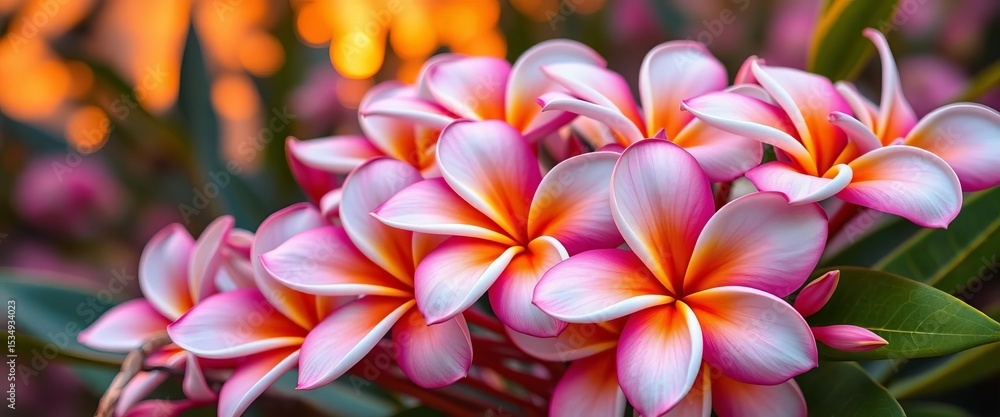 A vibrant bouquet of plumeria blossoms in sunset hues, vibrant, flora A vibrant bouquet of plumeria blossoms in sunset hues, vibrant, flora