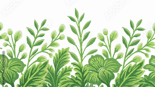 A green botanical illustration with various leaves buds and a flower against a white background design element