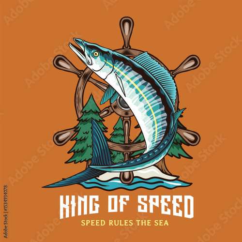 Wahoo Fish Logotype in Colorful Vector Cartoon Illustration for sticker badge emblem t-shirt banner invitation	
