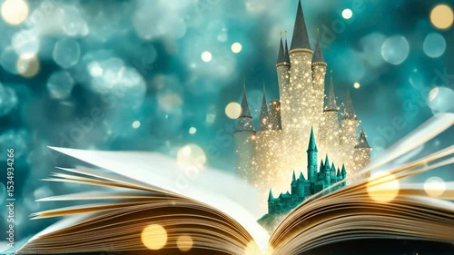 Magic Castle from Open Book: The open book reveals a stunning magic castle in a soft dreamy world with bokeh.