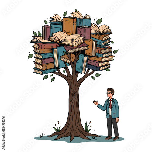 A man stands admiring a large tree overflowing with numerous books, representing knowledge and learning.
