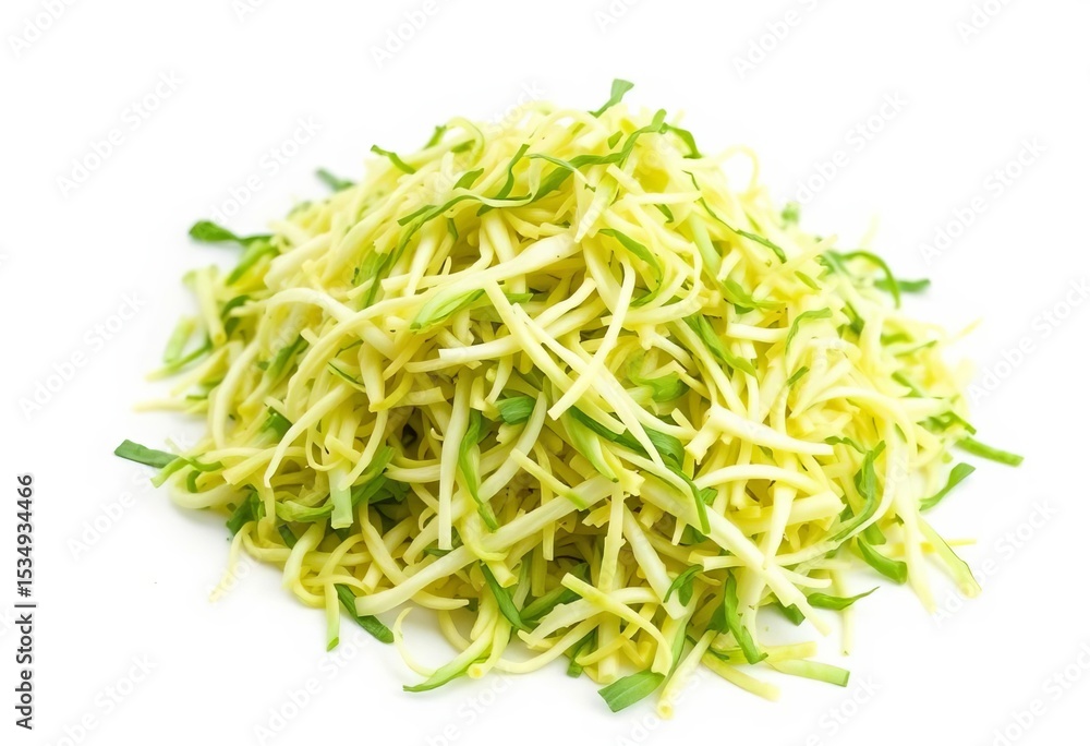 Pile of finely shredded green cabbage on pristine white background, chopped, food photography Pile of finely shredded green cabbage on pristine white background, chopped, food photography