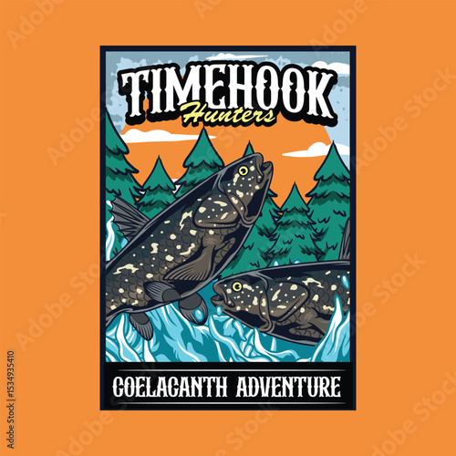 Coelacanth Fish Poster in Cartoon Illustration. Perfect for fishing clubs, outdoor adventure, wildlife, and nature-themed