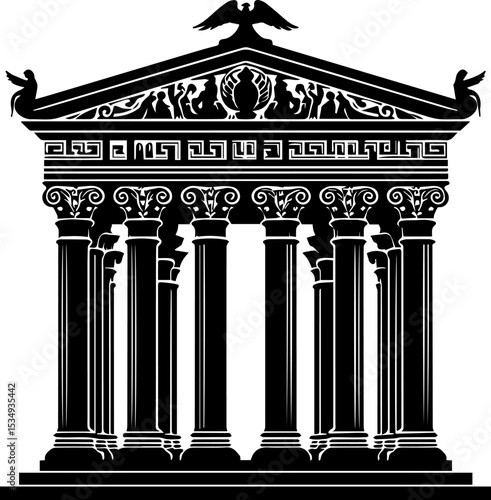 Classic Greek temple illustration in black and white design  