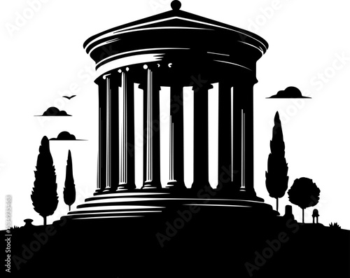 Ancient temple with columns silhouette against tree landscape  