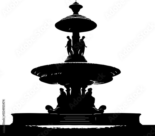 Majestic fountain silhouette with figures against a white background  