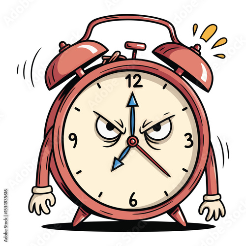 Cartoon illustration of an angry, anthropomorphic alarm clock with a scowling face and ringing bells.
