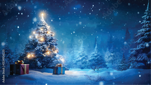 Christmas gift  boxes in the woods at night, dreamlike magic festive atmosphere