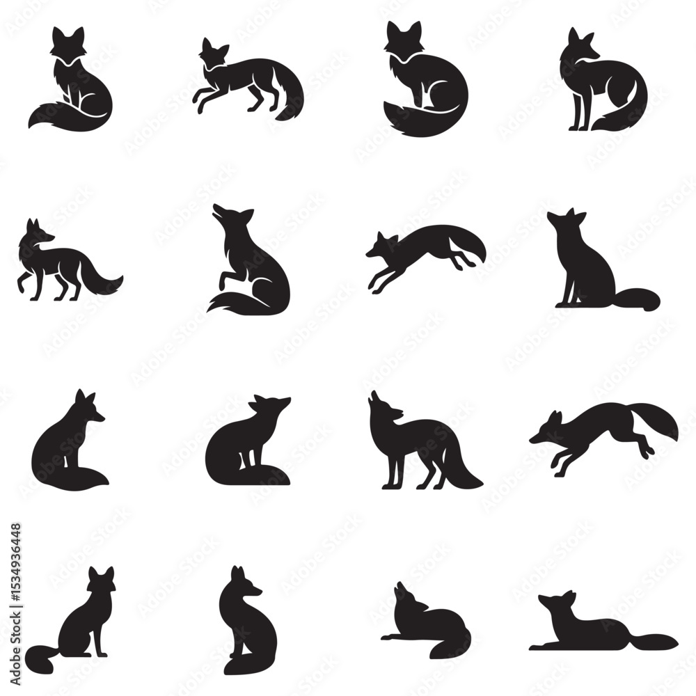 Obraz premium Premium Fox Silhouette Vector Collection – Unique Wild Poses in Bold Black Style for Creative Projects, T-Shirt Designs, Branding, and Print-Ready Artwork . Thank You .