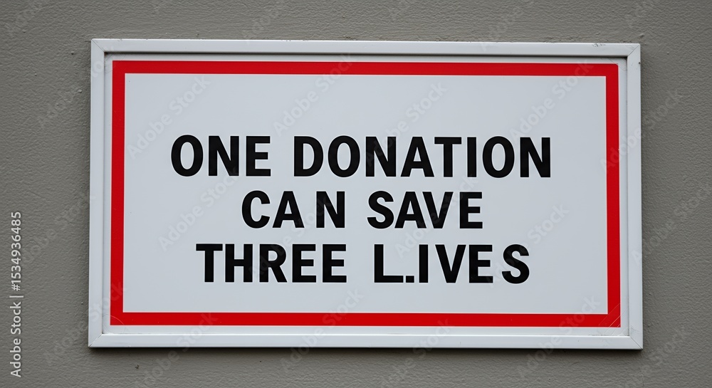 Closeup of a sign with the words ONE DONATION CAN SAVE THREE LIVES on a white background with a red border Closeup of a sign with the words ONE DONATION CAN SAVE THREE LIVES on a white background with a red border