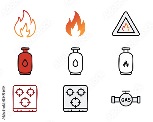 Icon set with gas, fire, gas cylinder