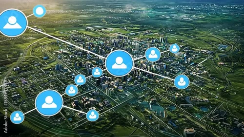 Aerial view of a modern city with digital connections illustrating community engagement and technology