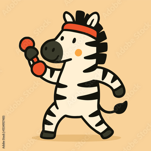 Zebra exercising with dumbbells in a cheerful cartoon style during a workout session
