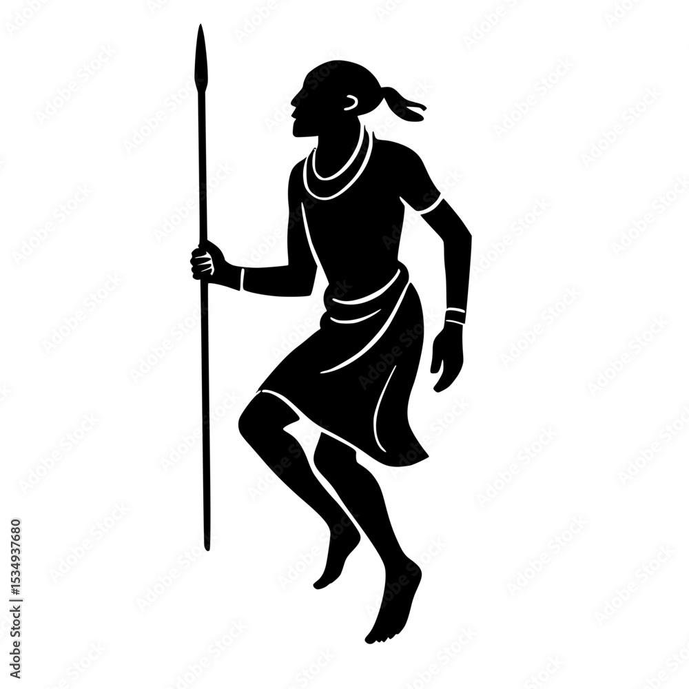 Obraz premium African warrior jumping, dancing with a spear in silhouette style
