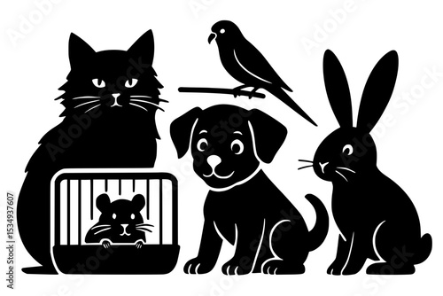 Silhouette of various pets including cat, dog, rabbit, and bird  