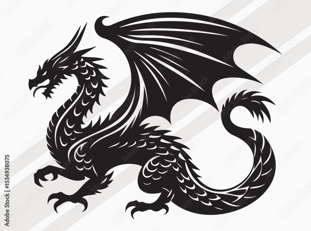 Fototapeta premium Majestic Dragon Silhouette with Curled Tail and Wings for Mythical Fantasy and Tattoo Art Vector, Dragon Scale SVG