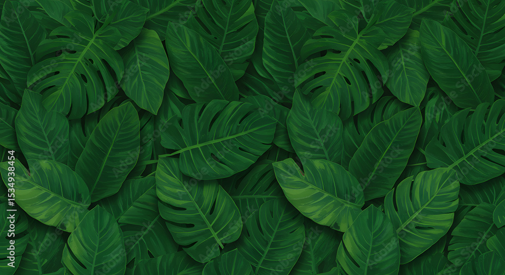 Fototapeta premium Lush Green Tropical Leaves Background Perfect for Nature-Themed Designs