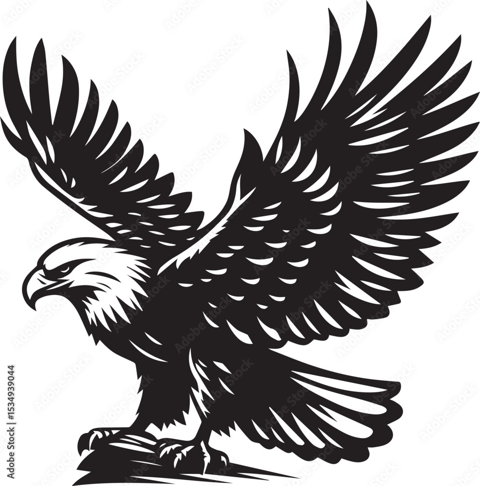 Obraz premium Black vector silhouette of eagle sitting on tree branch 