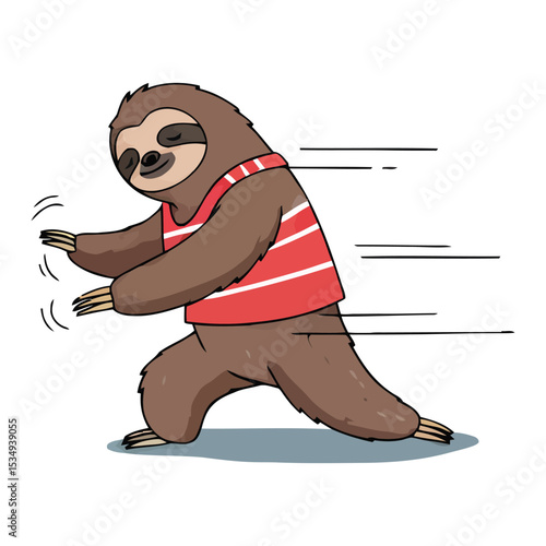 A cartoon sloth wearing a striped shirt is depicted in a fast-paced, energetic pose.