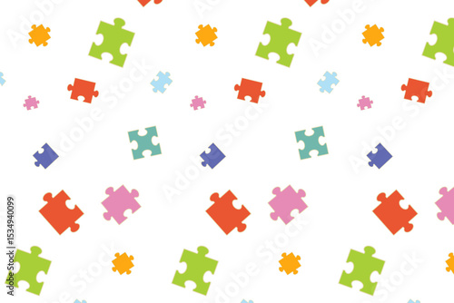 Pattern with colorful scattered jigsaw puzzle pieces, abstract pattern. Perfect for concepts of teamwork, connection, game, strategy, collaboration, and education design elements, texture, textiles.