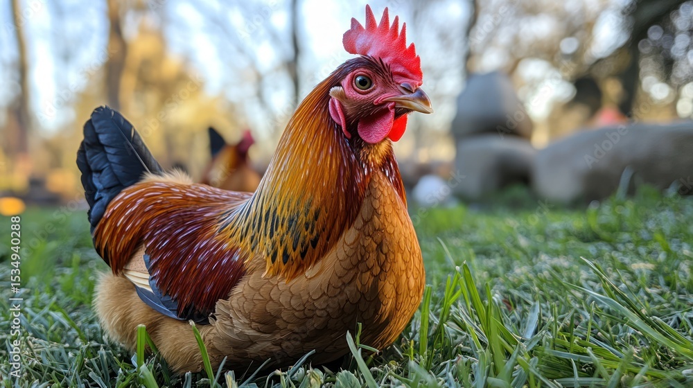 Fototapeta premium A beautiful rooster sitting on green grass with brown, orange, and black feathers.