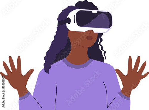 Illustration of a dark skinned woman immersed in virtual reality, showcasing innovation and futuristic technology. Woman in VR glasses, meta universe of entertainment concept. Flat style design