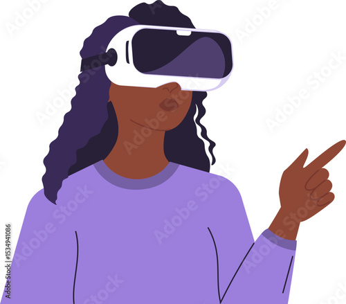 Illustration of a dark skinned woman immersed in virtual reality, showcasing innovation and futuristic technology. Woman in VR glasses, meta universe of entertainment concept. Flat style design