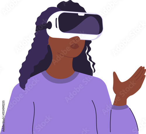 Illustration of a dark skinned woman immersed in virtual reality, showcasing innovation and futuristic technology. Woman in VR glasses, meta universe of entertainment concept. Flat style design