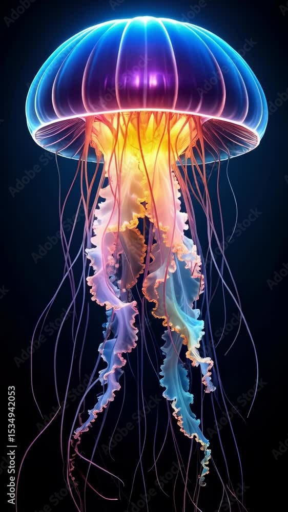 Glowing Jellyfish: Bioluminescent sea creature with flowing tentacles in deep ocean, vibrant colors on a dark background, marine life Glowing Jellyfish: Bioluminescent sea creature with flowing tentacles in deep ocean, vibrant colors on a dark background, marine life