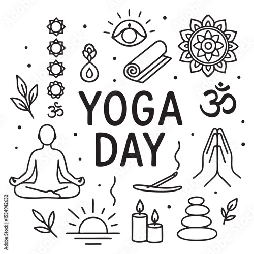 International Yoga Day Doodle Vector Illustration – Hand-Drawn Monochrome Design