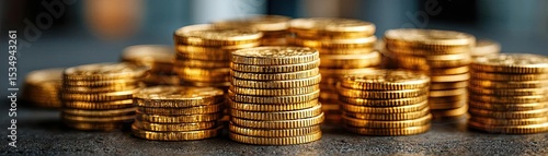 Gold market trend with forecast and portfolio value concept. A close-up of golden coins stacked in a modern setting.