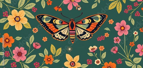 Fototapeta Naklejka Na Ścianę i Meble -  Whimsical moth & floral folk Scandi design Delicate leaves & flowers in continuous pattern, leaves, continuous