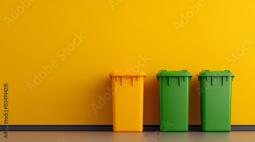 Wallpaper Mural Three waste bins, one yellow and two green, stand against a vibrant yellow wall, symbolizing recycling and environmental awareness. Torontodigital.ca