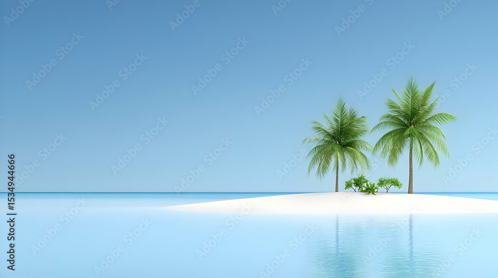 Fototapeta premium Tropical paradise: a lone palm tree gracefully frames the vibrant blue ocean and sandy beach under a summer sky