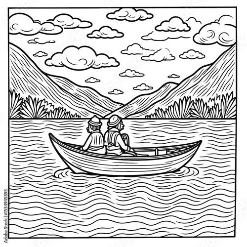 Dal Lake Kashmir with Shikara and Houseboat Vector Illustration

