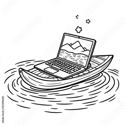 Dal Lake Kashmir with Shikara and Houseboat with laptop Vector Illustration

