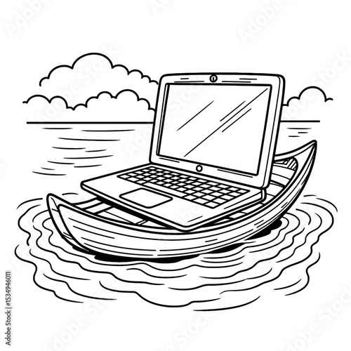 Dal Lake Kashmir with Shikara and Houseboat with laptop Vector Illustration


