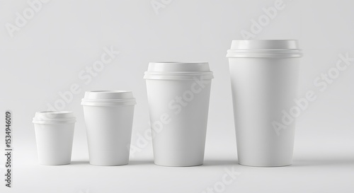 Wallpaper Mural Four White Blank Disposable Coffee Cups in a Row, Different Sizes, Mockup Torontodigital.ca
