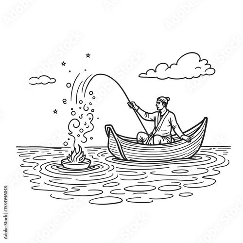 Dal Lake Kashmir with Shikara and Houseboat Vector Illustration

