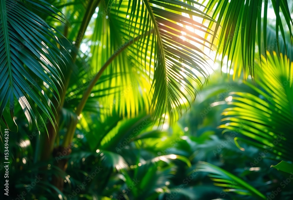 Fototapeta premium Vibrant green jungle panorama; lush palm leaves, sunlight dappled, tropical forest, exotic plants, selective focus, biodiversity, flora
