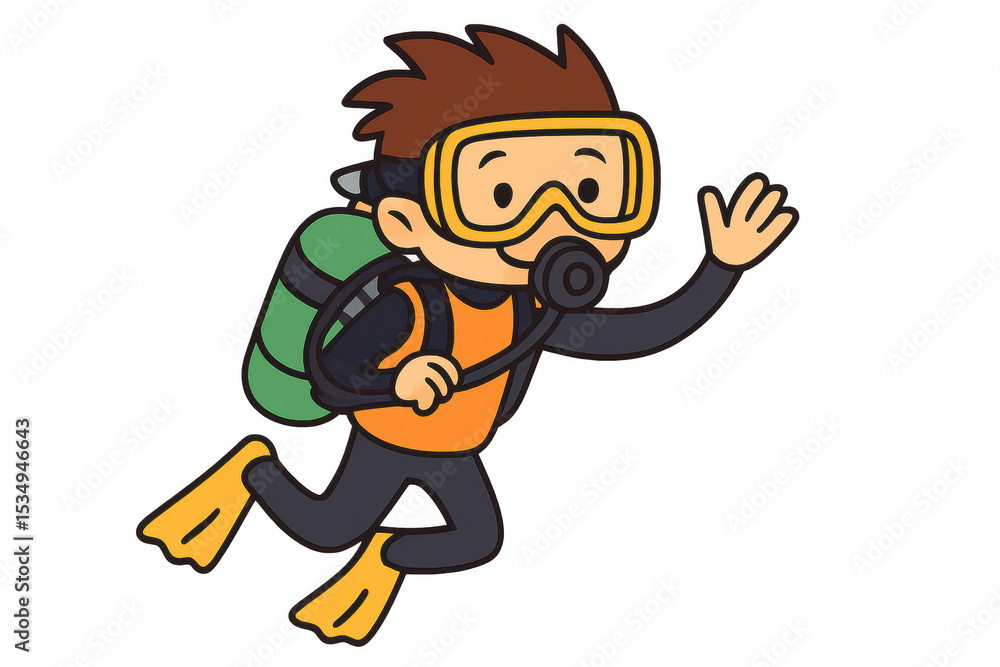 Cartoon diver waving underwater, exploring marine environment, transparent background highlighting underwater adventure and diving themes Cartoon diver waving underwater, exploring marine environment, transparent background highlighting underwater adventure and diving themes