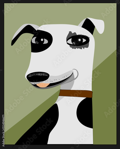 A stylized representation of a dog with black and white patches features prominently, set against a green background. The dog wears a brown collar and has a playful expression.