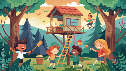 Children playing in a colorful treehouse illustration on a bright sunny day