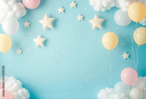 Soft blue backdrop, pastel balloons, twinkling stars, fluffy clouds, dreamy whimsical first birthday scene,  scene,  infant