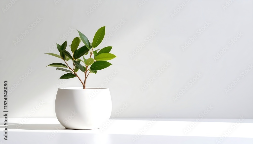 Fototapeta premium Small plant in white pot against white background