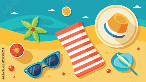Colorful beach vacation elements depicted with hat sunglasses beach towel and palm tree