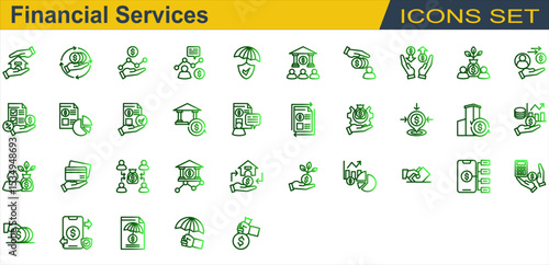 Financial Services Icon Set. Containing Bank,Budgeting,Business Report,Card Payment,Credit Union,Crowdfunding,Debt,Deposit,Financial Advisor,Financial Statement,Fintech. Outline Gradient Style
